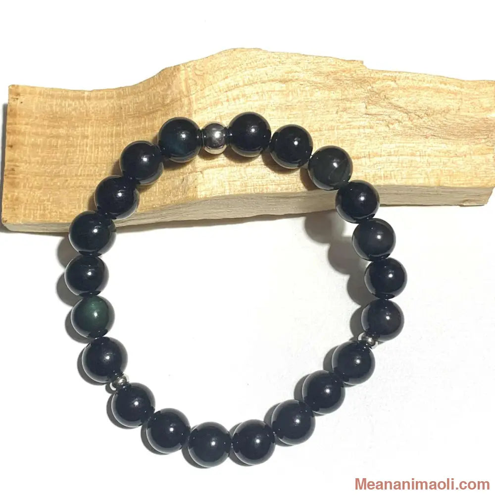 Bracelet Obsidienne Œil Céleste en pierre naturelle 8mm  pour lithothérapie avec séparateurs en acier inoxydable argenté.