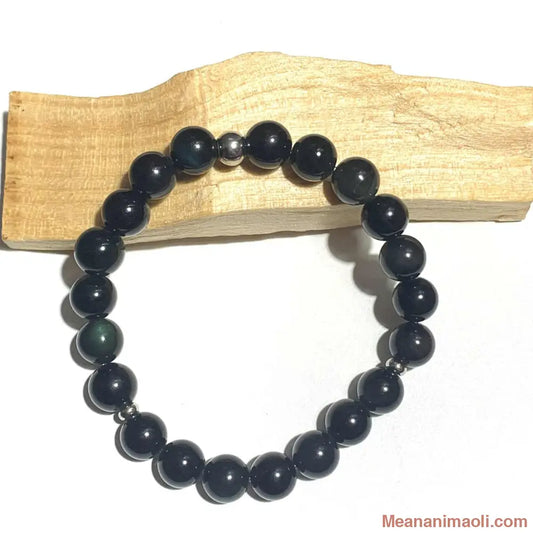 Bracelet Obsidienne Œil Céleste en pierre naturelle 8mm  pour lithothérapie avec séparateurs en acier inoxydable argenté.