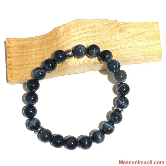 Bracelet œil de faucon 8 mm en pierres naturelles pour lithothérapie avec des perles acier inox argenté.