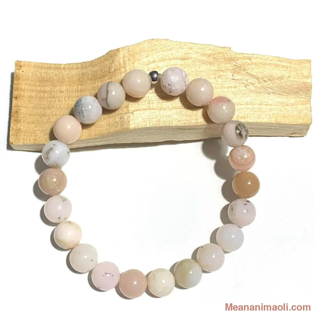 Bracelet Opale Rose en pierre naturelle 8mm pour lithothérapie avec séparateur en acier inoxydable argenté.