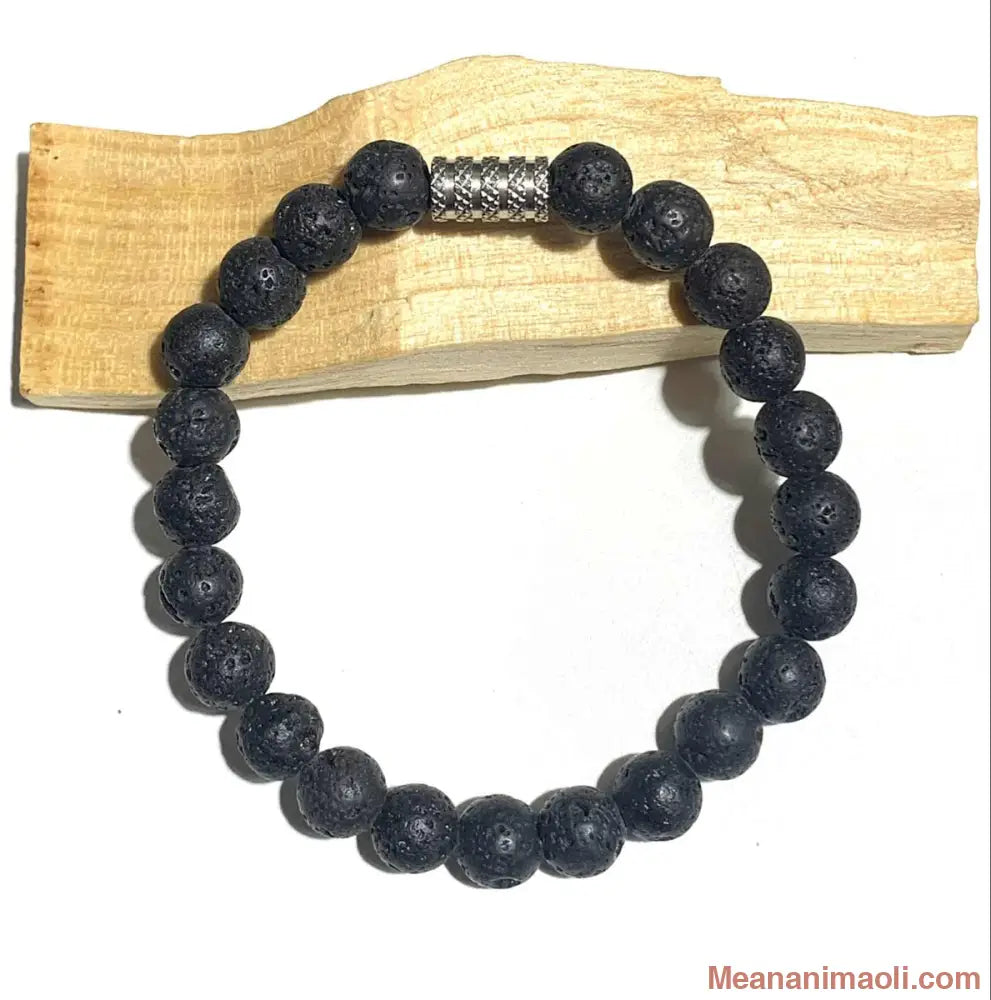 Bracelet Pierre de Lave Volcanique 8 mm en pierres naturelles pour lithothérapie, Force, Perle Acier Inox Argenté.