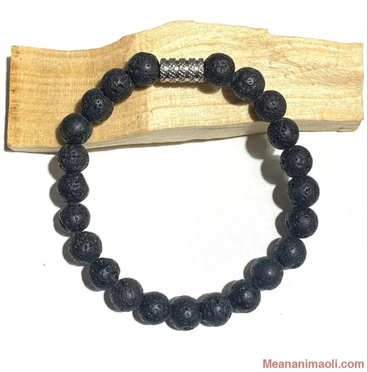 Bracelet Pierre de Lave Volcanique 8 mm en pierres naturelles pour lithothérapie, Force, Perle Acier Inox Argenté.