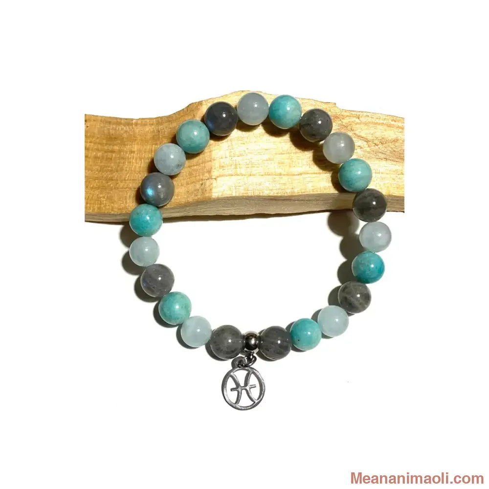 Bracelet Poisson en pierres naturelles Labradorite Amazonite Aigue-marine 8mm avec breloque signe Poisson acier inoxydable argenté