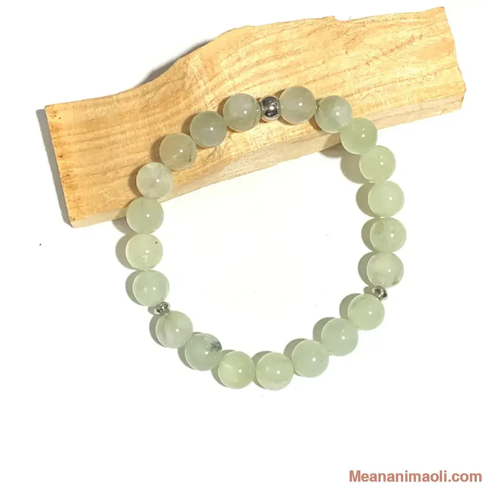 Bracelet préhnite 8 mm en pierres naturelles pour lithothérapie avec perles acier inox argenté.
