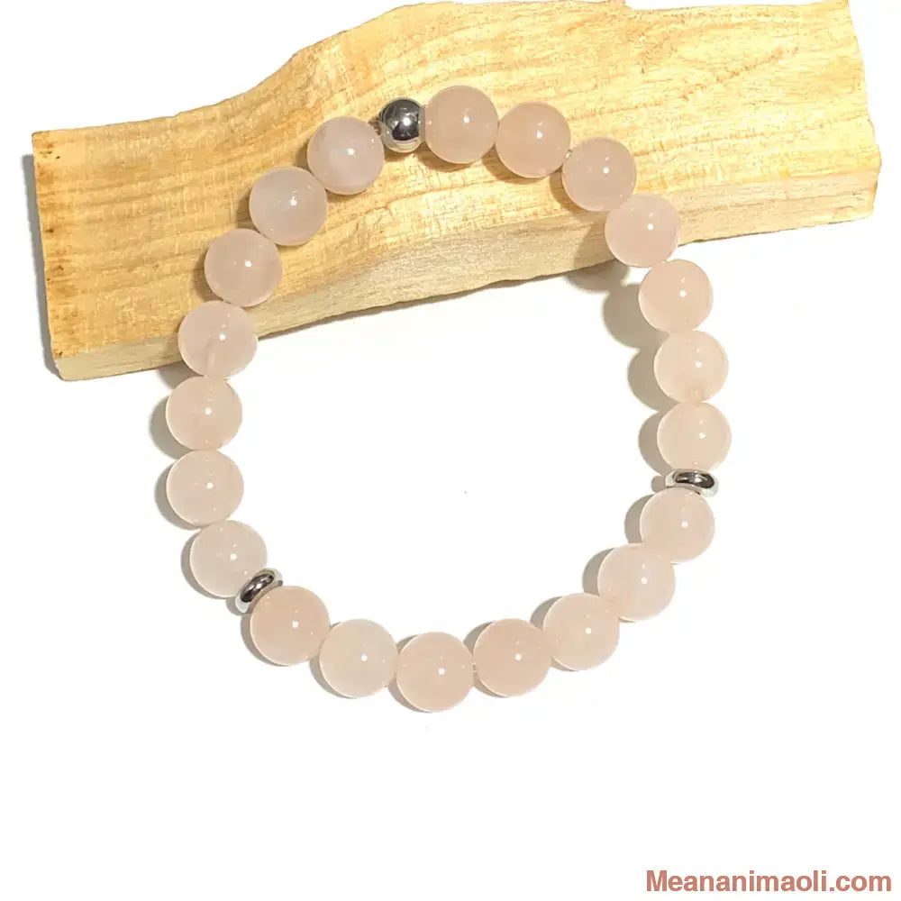 Bracelet quartz rose 8 mm en pierres naturelles pour lithothérapie avec perles acier inox argenté.