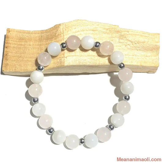 Bracelet Quartz Rose et Pierre de Lune Blanche en pierre naturelle 8mm pour lithothérapie avec séparateurs en acier inoxydable argenté.