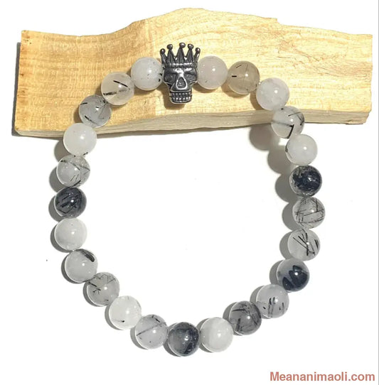 bracelet quartz tourmaline 8mm en pierres naturelles pour lithothérapie, tête de mort acier argenté.