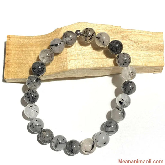 Bracelet Quartz Tourmaline 8mm en pierres naturelles pour la lithothérapie, avec une perle en acier argenté.