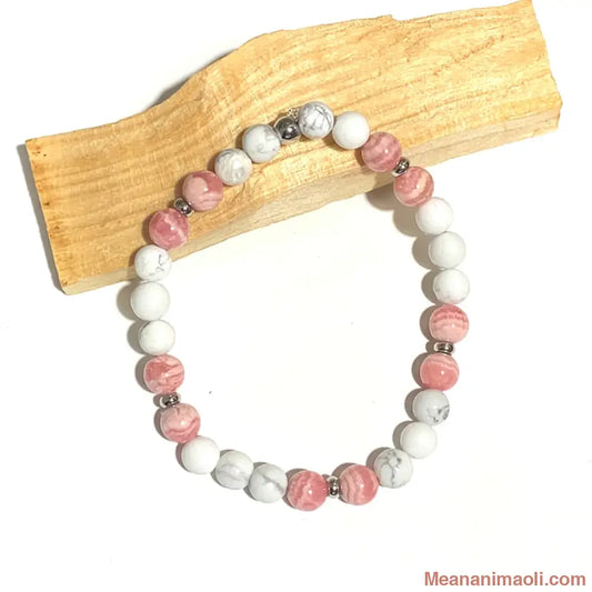 Bracelet 6 mm Rhodochrosite et Howlite, perles acier inoxydable argenté.