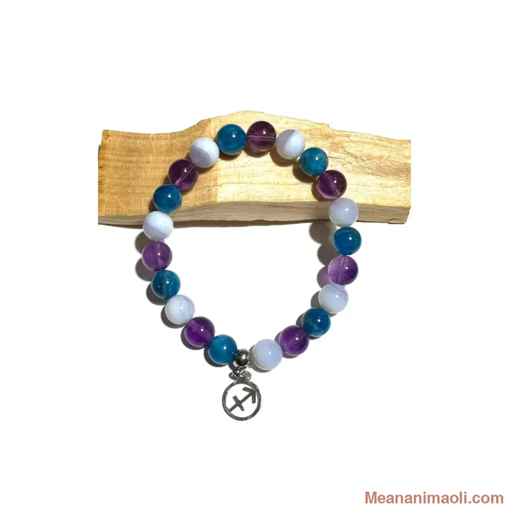 Bracelet Sagittaire en pierres naturelles Calcédoine Bleue Améthyste Apatite 8mm avec breloque signe Sagittaire acier inoxydable argenté
