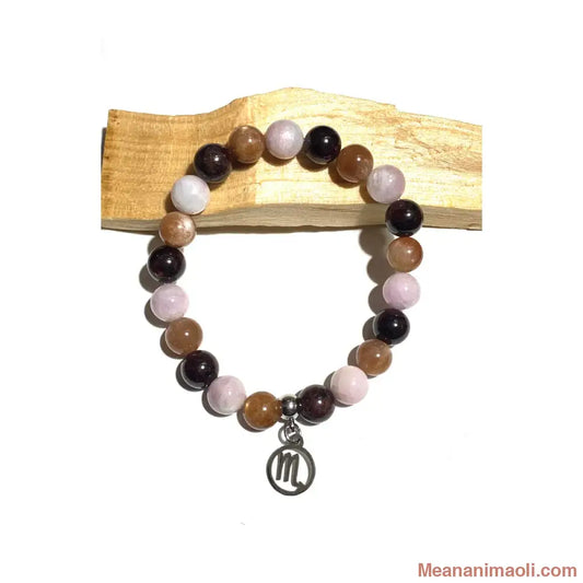 Bracelet Scorpion en pierres naturelles Pierre du Soleil Kunzite Grenat 8mm avec breloque signe Scorpion acier inoxydable argenté