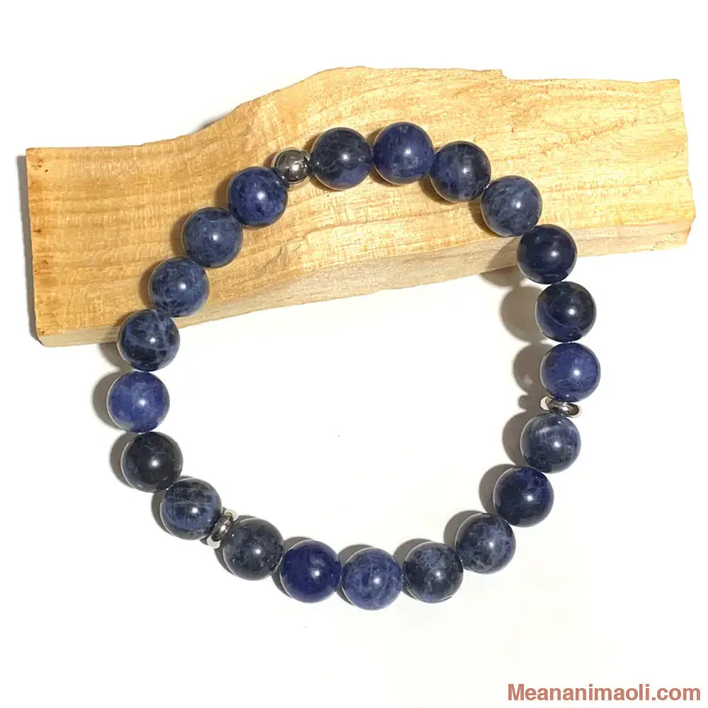 Bracelet sodalite 8 mm en pierres naturelles pour lithothérapie avec perles acier inox argenté.