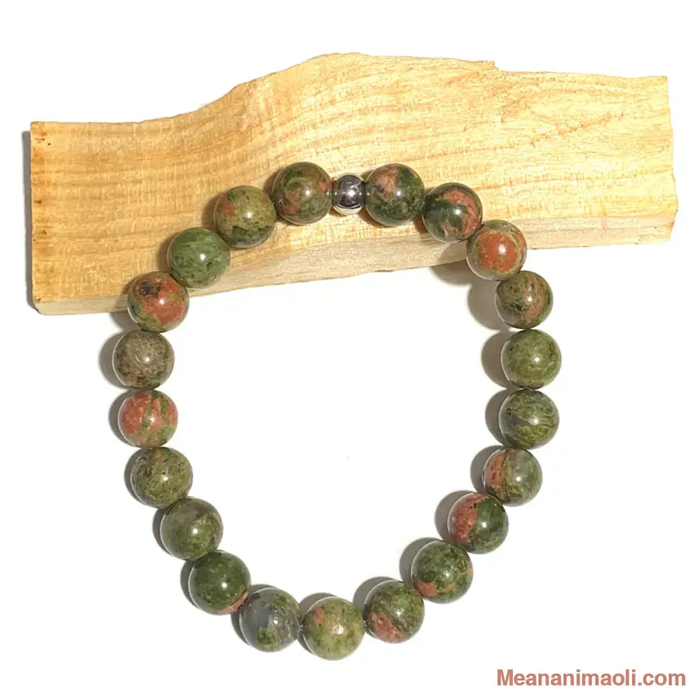 Bracelet unakite 8 mm en pierres naturelles pour lithothérapie avec une perle acier inox argenté.