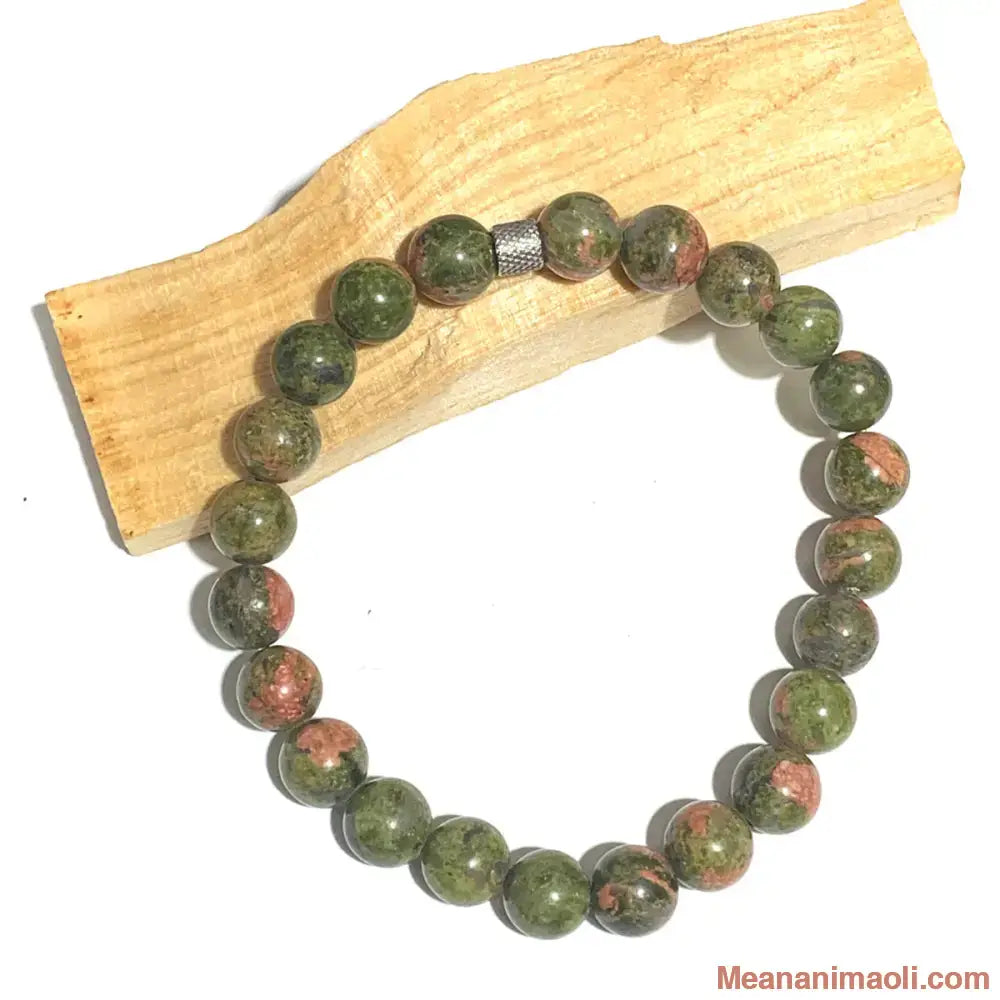 Bracelet homme en unakite 8mm en pierres naturelles pour lithothérapie avec perle acier inox argenté. 