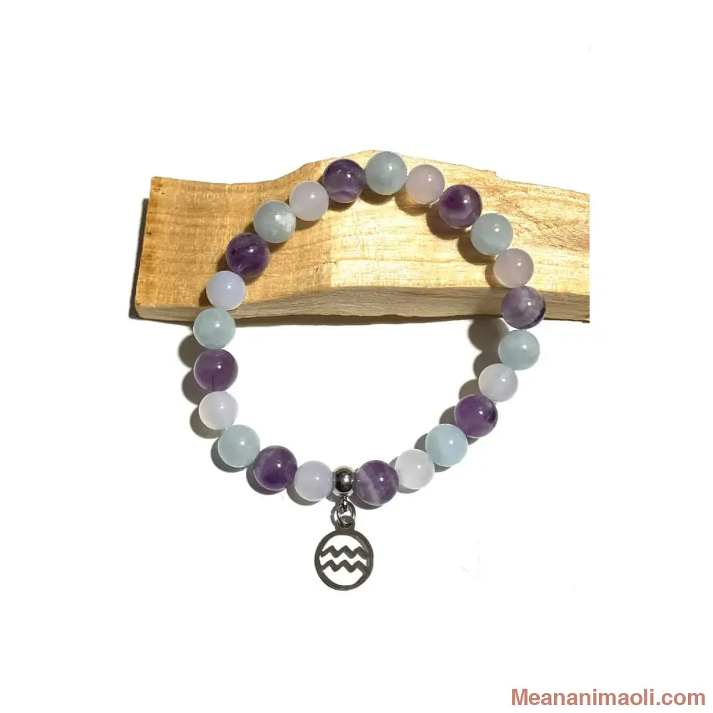 Bracelet Verseau en pierres naturelles Améthyste Chevron Aigue-marine Calcite Bleue 8mm avec breloque acier inoxydable argenté