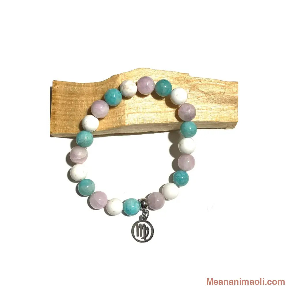 Bracelet Vierge en pierres naturelles Amazonite Magnésite Kunzite 8mm avec breloque signe Vierge acier inoxydable argenté