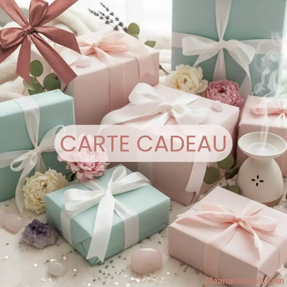 Composition de cadeaux emballés en rose et bleu pastel avec rubans blancs, décorée de pierres de quartz rose et améthyste, de fleurs et d'un diffuseur d'huiles essentielles. Ambiance cocooning et bien-être.