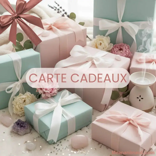 Composition de cadeaux emballés en rose et bleu pastel avec rubans blancs, décorée de pierres de quartz rose et améthyste, de fleurs et d'un diffuseur d'huiles essentielles. Ambiance cocooning et bien-être.