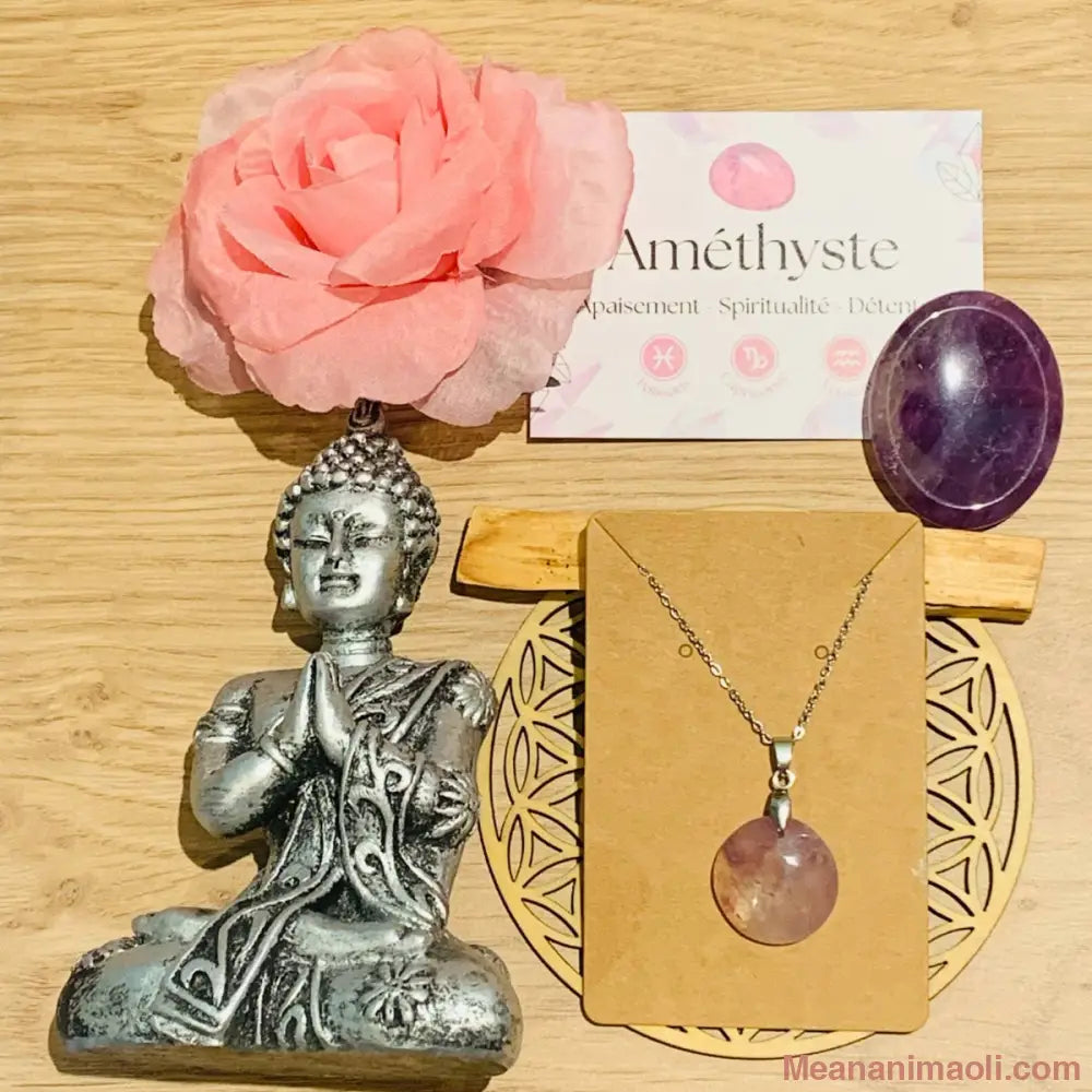 Coffret Fête des Mères en améthyste – collier rond, galet et Bouddha