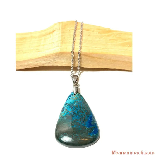 Pendentif en Chrysocolle naturelle bleue et verte avec collier en acier inoxydable, sur bois de Palo Santo, boutique MEANANIMAOLI.