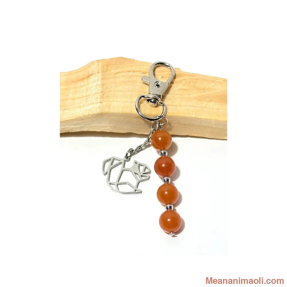 Porte-clé avec perles 8 mm en Aventurine Orange et breloque écureuil géométrique sur bois de Palo Santo - MEANANIMAOLI