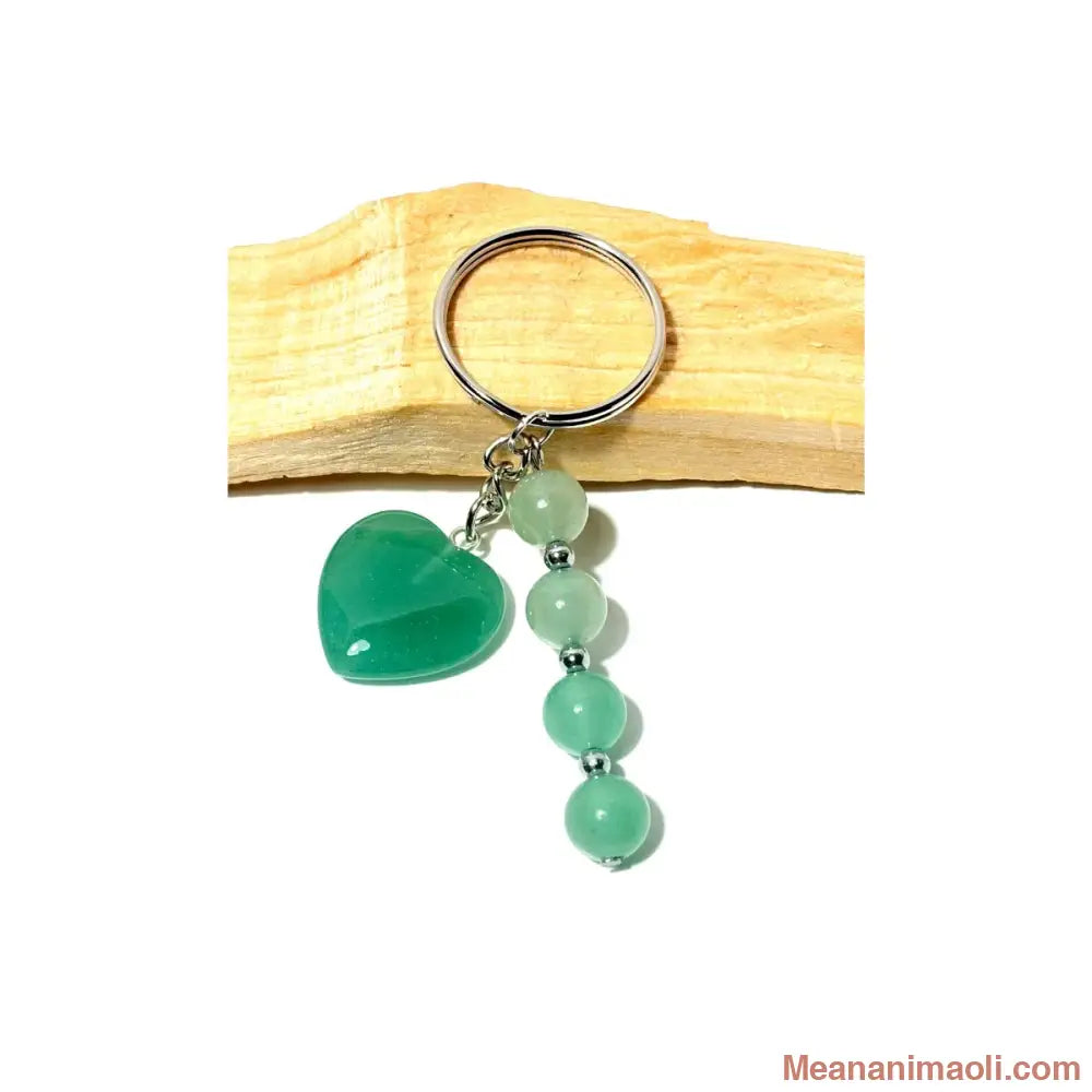 Porte-clé argenté avec quatre perles 8 mm et un cœur en Aventurine Verte naturelle sur bois de Palo Santo - MEANANIMAOLI