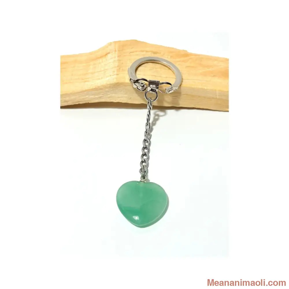 Porte-clés avec pendentif cœur en Aventurine Verte naturelle sur un morceau de bois de Palo Santo - MEANANIMAOLI