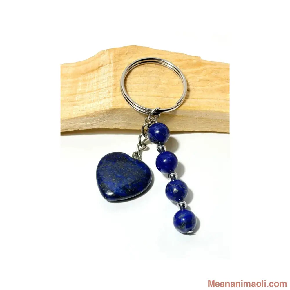 Porte-clé argenté avec quatre perles 8 mm et un cœur en Lapis Lazuli naturel bleu nuit sur bois de Palo Santo - MEANANIMAOLI