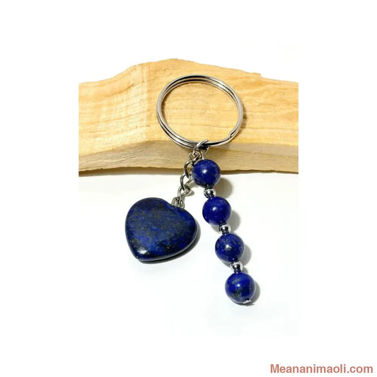 Porte-clé argenté avec quatre perles 8 mm et un cœur en Lapis Lazuli naturel bleu nuit sur bois de Palo Santo - MEANANIMAOLI