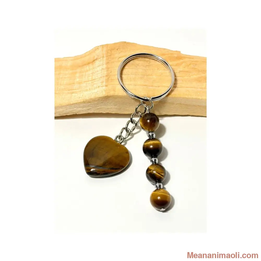 porte-clé argenté avec quatre perles 8 mm et un cœur en Œil de Tigre naturel marron et doré sur bois de Palo Santo - MEANANIMAOLI