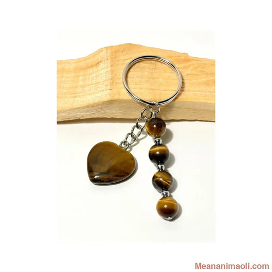 porte-clé argenté avec quatre perles 8 mm et un cœur en Œil de Tigre naturel marron et doré sur bois de Palo Santo - MEANANIMAOLI
