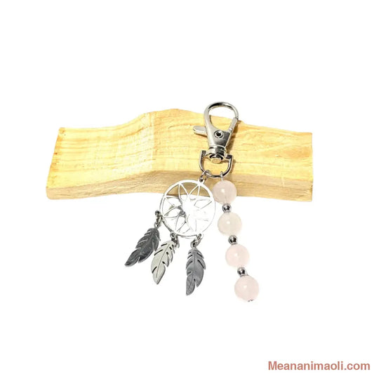 Porte-clé attrape-rêve en acier inoxydable avec perles 8 mm en Quartz Rose sur bois de Palo Santo - MEANANIMAOLI
