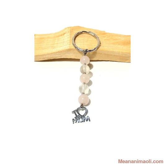 Porte-clé avec perles 8 mm en Quartz Rose et Cristal de Roche mat, breloque I Love Mom sur bois de Palo Santo - MEANANIMAOLI