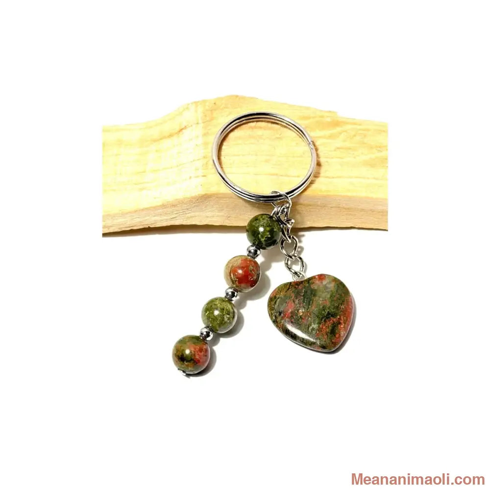 Porte-clé argenté avec quatre perles 8 mm et un cœur en Unakite naturelle verte et rose sur bois de Palo Santo - MEANANIMAOLI