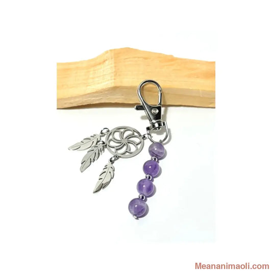 Porte-clé avec breloque attrape-rêve et perles 8 mm en Améthyste violette sur bois de Palo Santo - MEANANIMAOLI