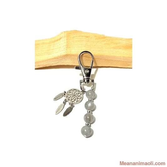 Porte-clé en argenté avec perles 8 mm en Labradorite grise et breloque attrape-rêve sur bois de Palo Santo - MEANANIMAOLI