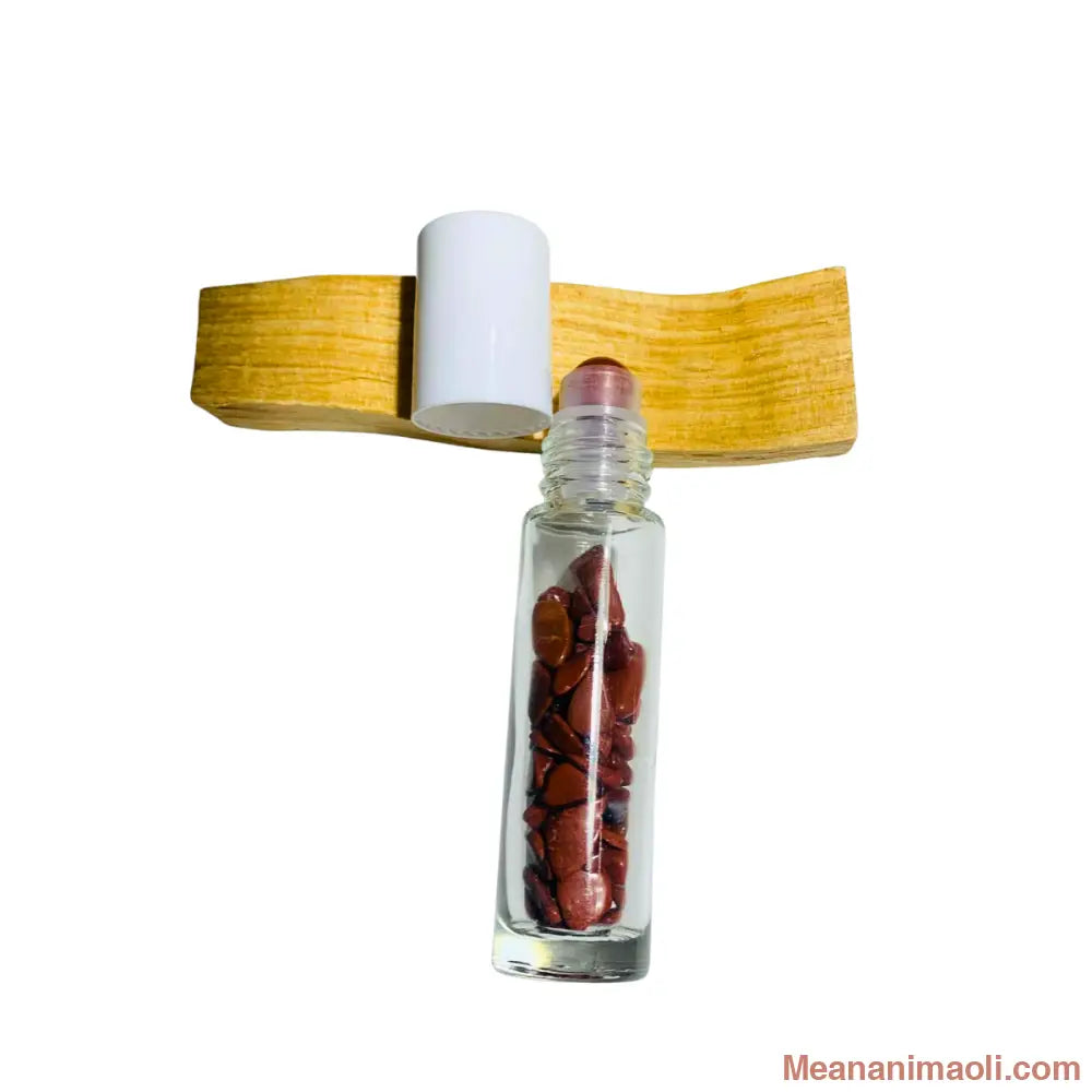 Roll-On Jaspe Rouge avec bille en pierre naturelle exposée, flacon en verre transparent, 10 ml, application facile pour dynamisme, motivation et ancrage