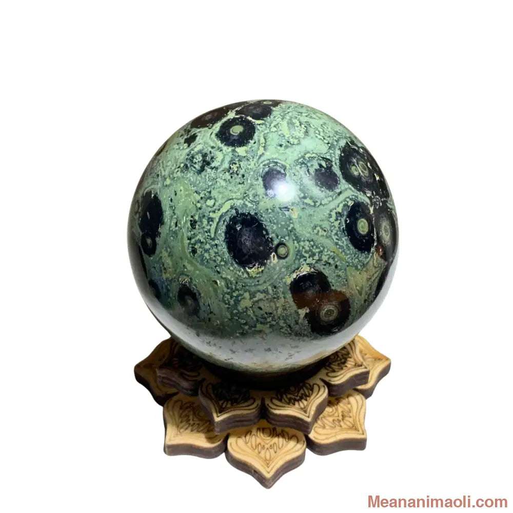 Sphère en jaspe kambaba naturelle 500 g avec support lotus en bois – pierre d’ancrage et de sérénité en lithothérapie