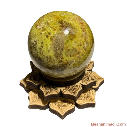 Sphère en opale verte naturelle 190 g avec support lotus en bois – pierre d’équilibre émotionnel et de renouveau en lithothérapie