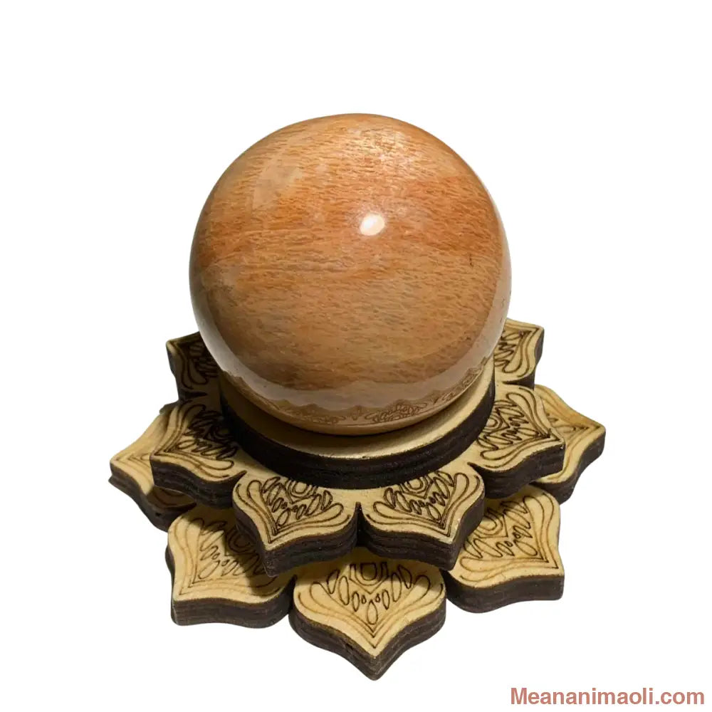 Sphère en pierre de lune pêche naturelle 125 g avec support lotus en bois – pierre de sérénité et d’épanouissement en lithothérapie