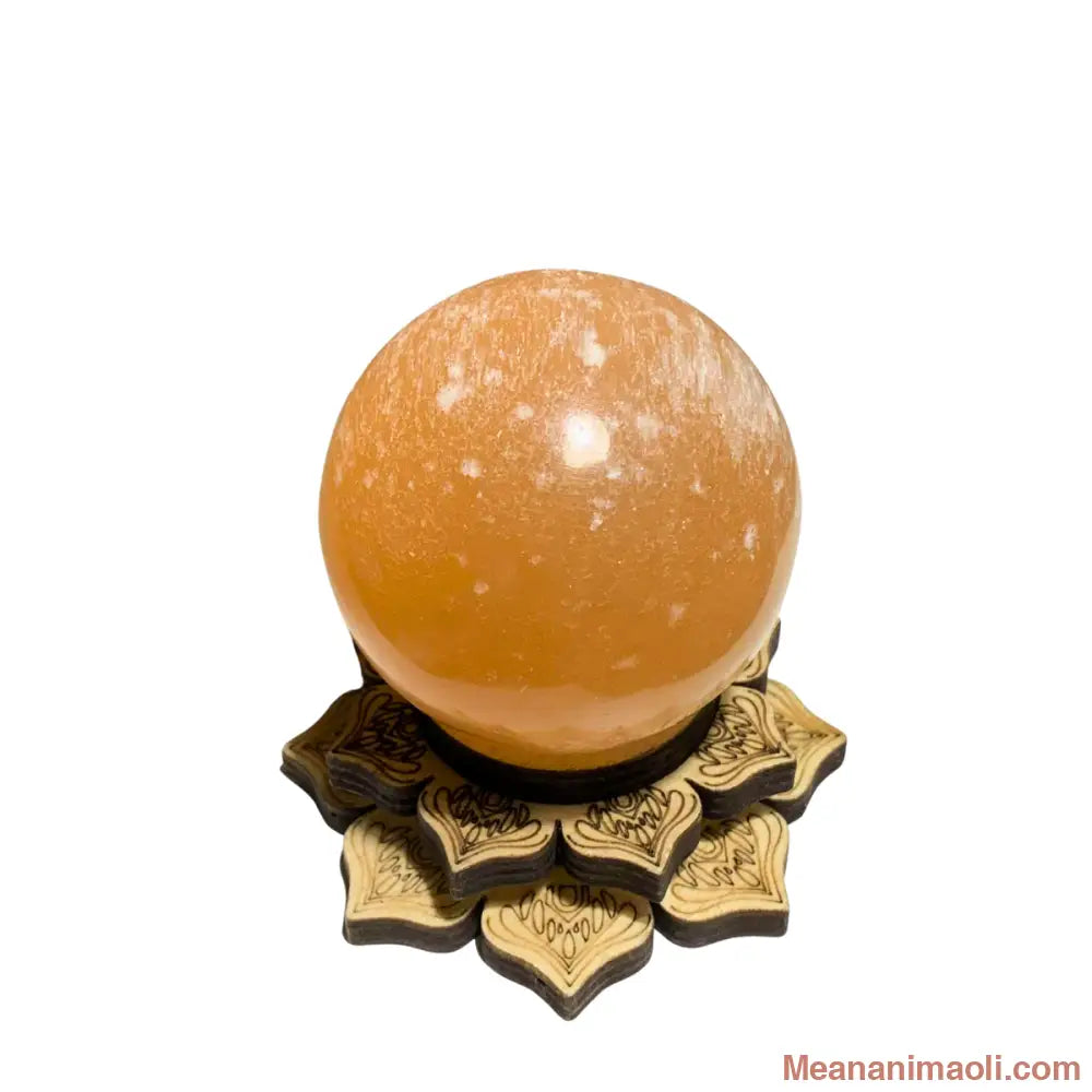 Sphère en sélénite orange naturelle 250 g – apaisement, vitalité et purification – support lotus en bois